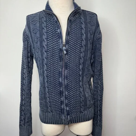 Carbon 2 Cobalt Sweater Size L Stavenger Blue Full Zip Cable Knit Linen Cotton - Picture 1 of 13